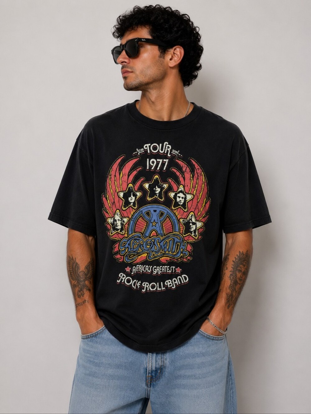 Aerosmith 1977 Tour Rock & Roll Band Black Graphic Tee Men's T-shirt XL NWT